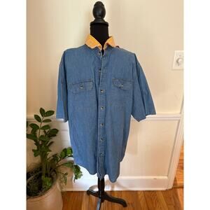Vintage Wrangler short sleeve button up stretch jeans shirt retro yellow XL wow‎